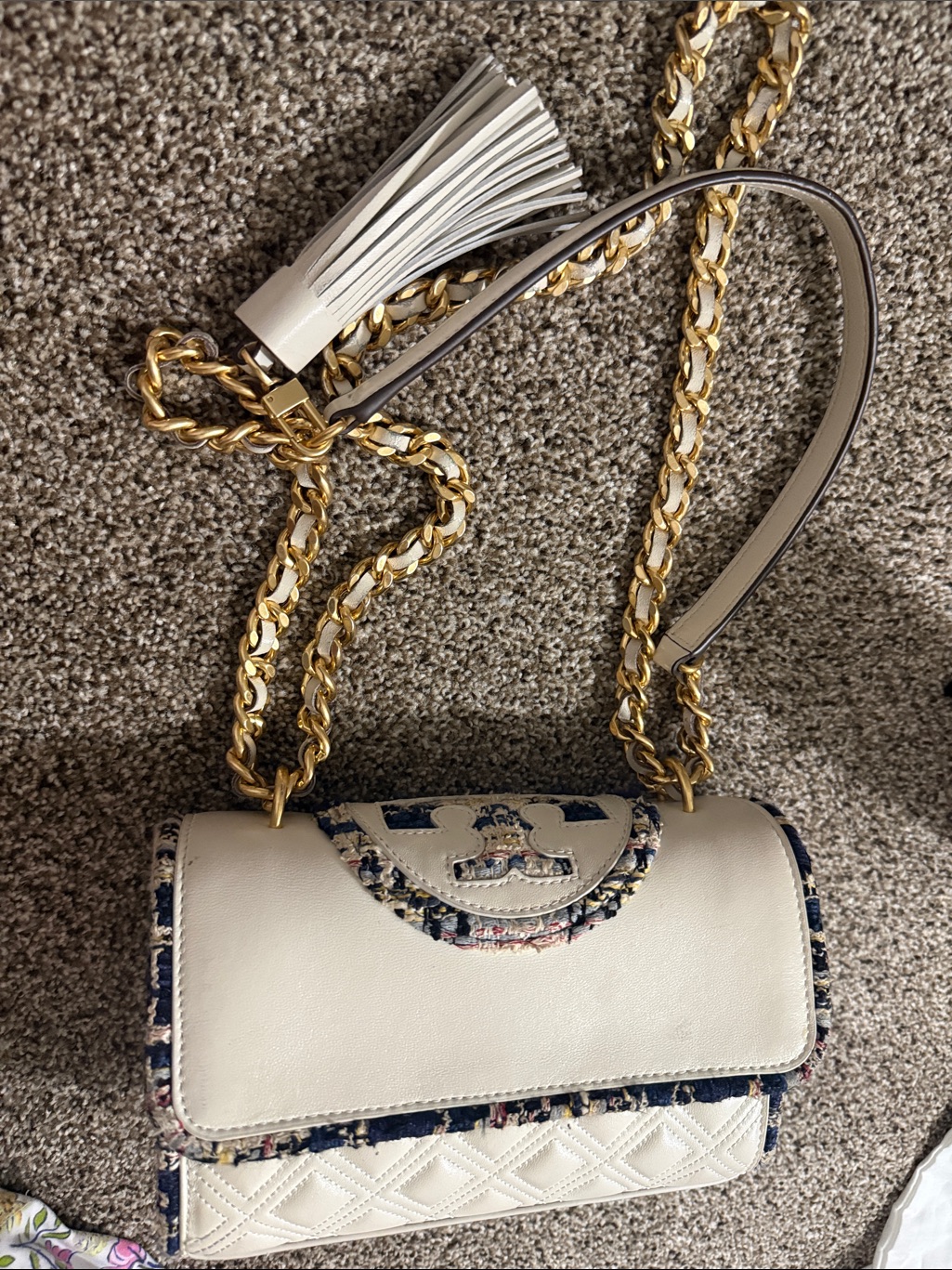 Tassel Chain Crossbody Bag In Cream With Gold Hardware
